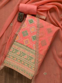 Koskii - Peach Printed Crepe Unstitched Salwar Suit (Set of 3) (Set of Three)