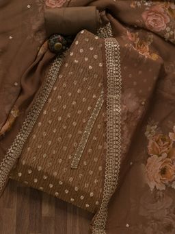 Koskii - Brown Zari Work Raw Silk Unstitched Salwar Suit (Set of 3) (Set of Three)