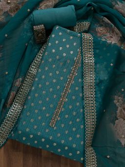 Koskii - Peacock Blue Zari Work Raw Silk Unstitched Salwar Suit (Set of 3) (Set of Three)