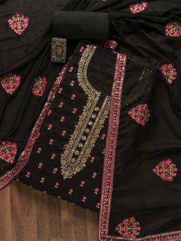 Koskii - Black Embroidered- Sequins Crepe Unstitched Salwar Suit (Set of 3) (Set of Three)