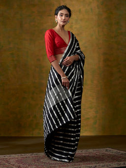 WeaverStory - Handloom Black Horizontal Stripes Banarasi Saree In Satin