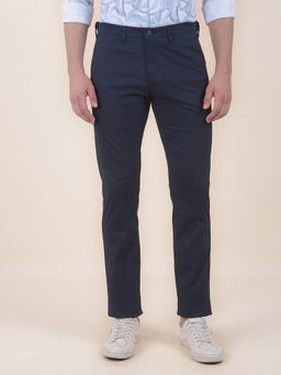Cantabil - Men Navy Blue Solid/Plain Cotton Blend Casual Trouser