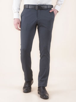 Cantabil - Men Navy Blue Textured Terry Rayon Blend Formal Trouser