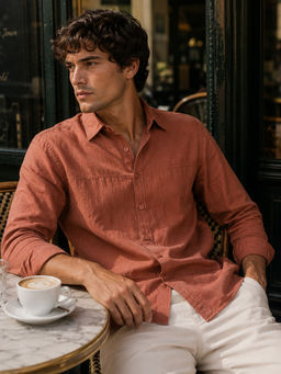 CAHOOT - Men Peach Solid/Plain Poly/Spandex Casual Shirt