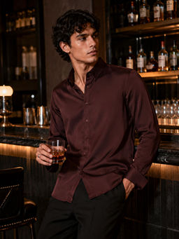 CAHOOT - Men Brown Solid/Plain Poly/Spandex Casual Shirt