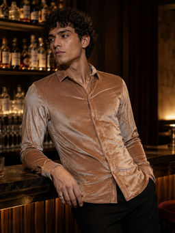 CAHOOT - Men Brown Solid/Plain Velvet Casual Shirt