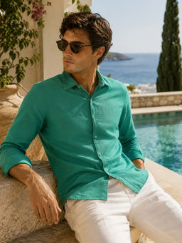 CAHOOT - Men Green Solid/Plain Cotton Linen Blend Casual Shirt