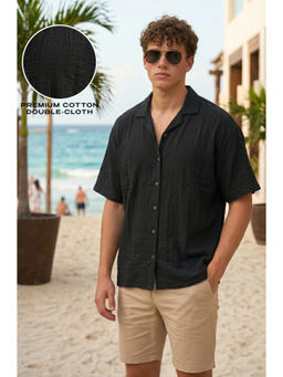 VEIRDO - Men Black Solid/Plain Cotton Casual Shirt
