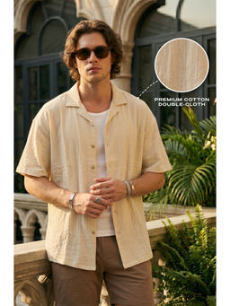 VEIRDO - Men Cream Solid/Plain Cotton Casual Shirt