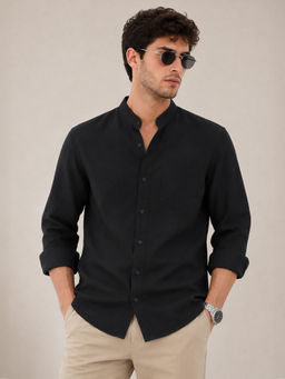 VEIRDO - Men Black Solid/Plain Cotton Casual Shirt