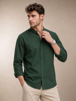 VEIRDO - Men Olive Solid/Plain Cotton Casual Shirt