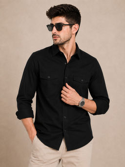 VEIRDO - Men Black Solid/Plain Cotton Casual Shirt