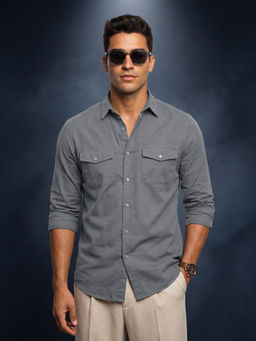 VEIRDO - Men Grey Solid/Plain Cotton Casual Shirt