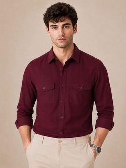 VEIRDO - Men Maroon Solid/Plain Cotton Casual Shirt