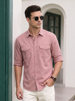 VEIRDO - Men Pink Solid/Plain Cotton Casual Shirt