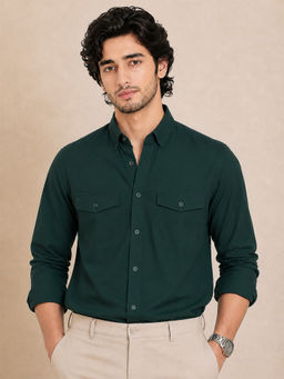 VEIRDO - Men Olive Solid/Plain Cotton Casual Shirt