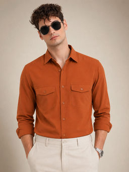 VEIRDO - Men Rust Solid/Plain Cotton Casual Shirt