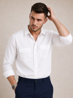 VEIRDO - Men White Solid/Plain Cotton Casual Shirt
