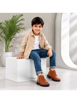 FREEPLAY - Boys Lace-Up Ankle Boots with Side Zip Tan