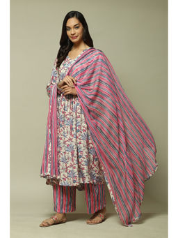 Biba - Womens Off White Printed Rayon Gathered Suit (Set of 3)