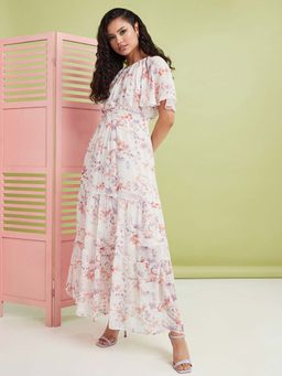 Styli - White Short Sleeves Round Neck Floral Print Maxi Dress