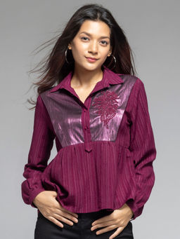 SHAYE - Wine Spread Collar Embroidered Long Sleeves Party Top