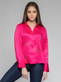 SHAYE - Fuchsia Pink Spread Collar Embroidered Long Sleeves Party Top