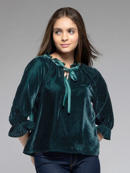 SHAYE - Green Solid Three-Quarter Sleeves Velvet Top