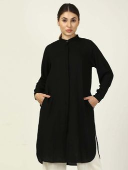 Saltpetre - Women Solid Black Mandarin Neck With Front Buttons Overlay
