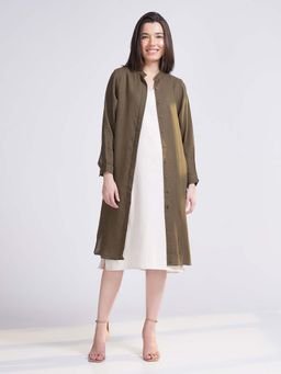 Saltpetre - Women Solid Olive Mandarin Neck With Front Buttons Overlay