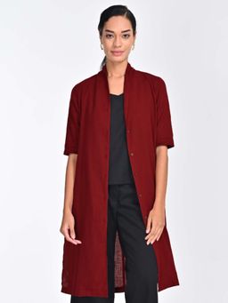 Saltpetre - Women Solid Maroon Organic Cotton Draped Neck Collar Overlay