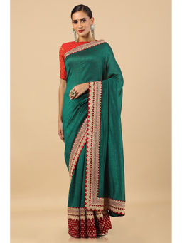 Soch - Green Tussar Solid Saree with Unstitched