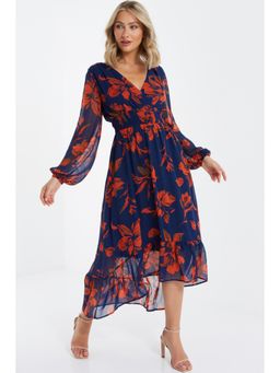 Quiz Clothing - Orange and Navy Chiffon Floral Dress