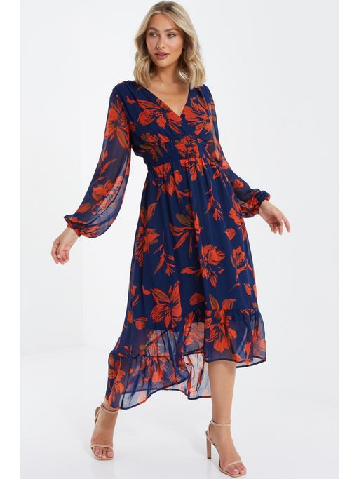 Buy Quiz Clothing Orange and Navy Chiffon Floral Dress Online