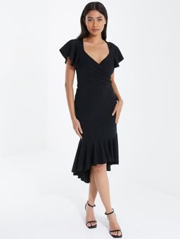 Quiz Clothing - Black Scuba Crepe Frill Hem Wrap Dress