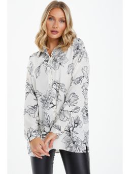 Quiz Clothing - Off White and Black Woven Floral Long Sleeve Shirt
