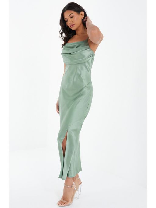 slim fit dress slacks Rihoas Satin V Neck A-Line Midi Dress