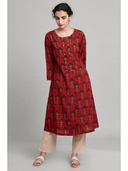 Folksong - Red Kurta All Over Buti Casual Regular Fit