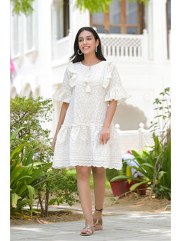 The Kapas - Krystle White Schiffli Cotton Tiered Short Tunic Dress