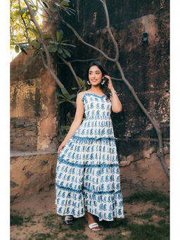The Kapas - Coin Blue & Off White Printed Tired Maxi Dress