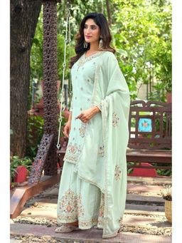 Anveri Textiles - Women Green Floral Embroidered Kurta with Palazzo and Dupatta