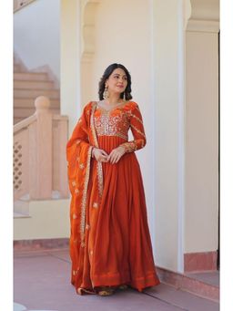 Anveri Textiles - Rust Orange Embroidered Anarkali Gown with Dupatta