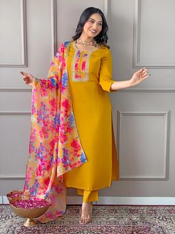 Anveri Textiles - Mustard Embroidered Kurta and Pant with Dupatta