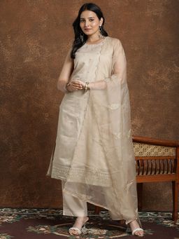 AVANSHEE - Women Cream Embroidered Chanderi Cotton Kurta with Pant and Dupatta
