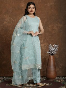 AVANSHEE - Women Blue Embroidered Chanderi Cotton Kurta with Pant and Dupatta