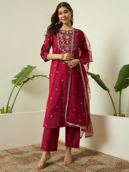 AVANSHEE - Women Maroon Silk Blend Embroidery Kurta with Pant and Dupatta