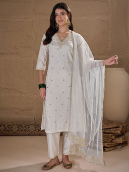 AVANSHEE - Women Off White Silk Blend Embroidery Kurta with Pant and Dupatta