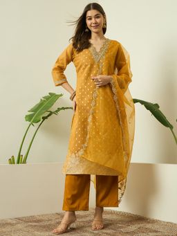 AVANSHEE - Women Mustard Chanderi Cotton Silk Embroidery Kurta with Pant and Dupatta