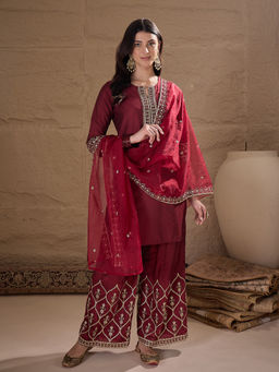 AVANSHEE - Women Maroon Silk Blend Embroidery Kurta with Pant and Dupatta