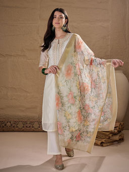 AVANSHEE - Women Off White Chanderi Cotton Silk Embroidery Kurta with Pant and Dupatta
